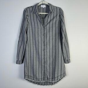 Bella Dahl Shirt Dress A-line Raw Hem Long Sleeve Roll Tab XS Grey Stripe Casual
